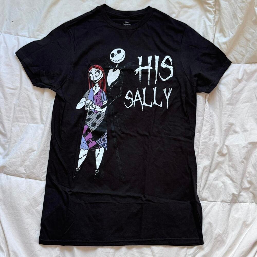 Nightmare before christmas black tee‎ sz L his Sally emo hot topic romantic goth